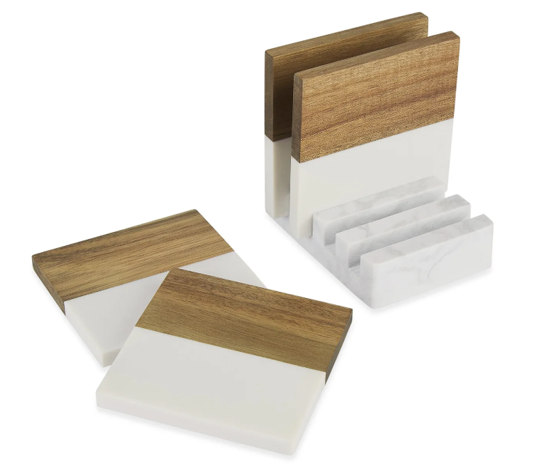 Marble & Wood Coasters – Personalized 4‑Piece Set with Display Stand