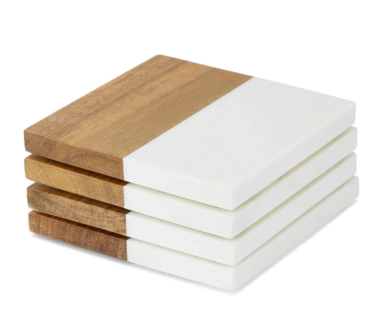 Marble & Wood Coasters – Personalized 4‑Piece Set with Display Stand