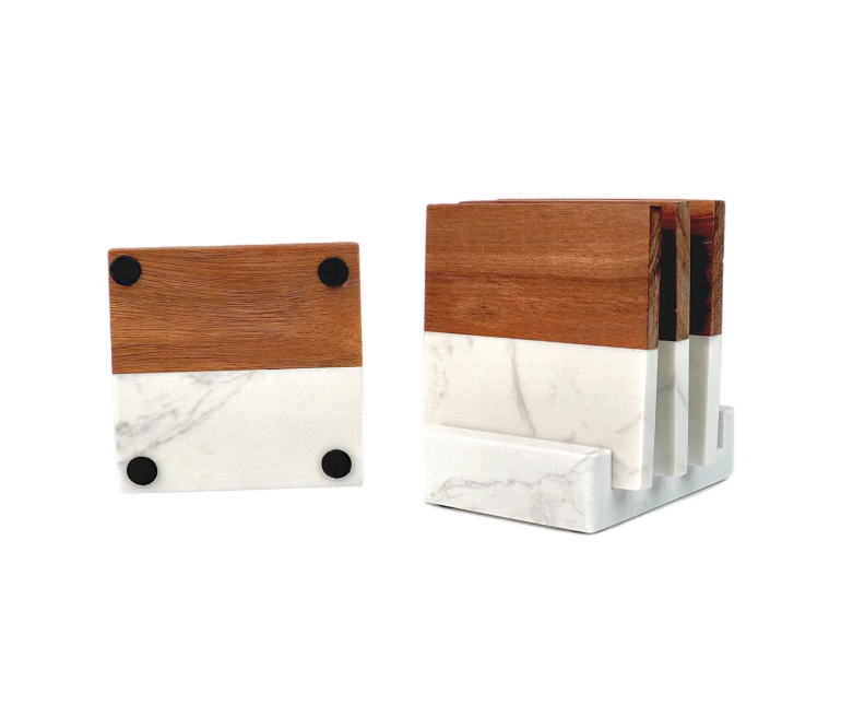 Marble & Wood Coasters – Personalized 4‑Piece Set with Display Stand