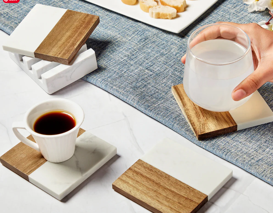 Marble & Wood Coasters – Personalized 4‑Piece Set with Display Stand