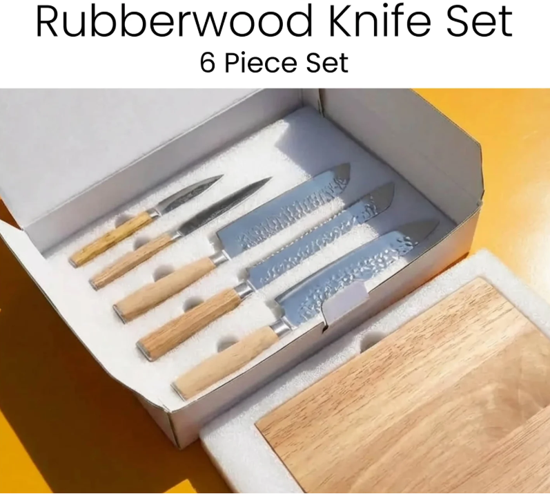 6‑Piece Kitchen Knife Set with Magnetic Rubberwood Block – Personalized Engraving Gift Set
