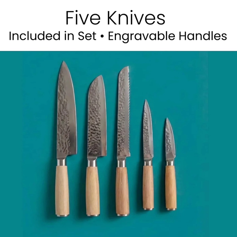 6‑Piece Kitchen Knife Set with Magnetic Rubberwood Block – Personalized Engraving Gift Set