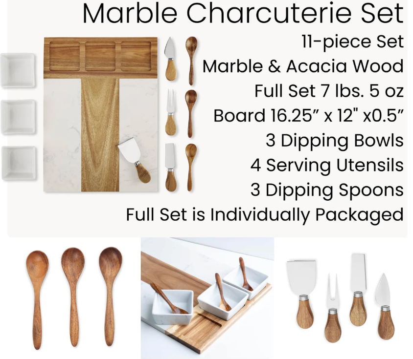Personalized Wood & Marble Charcuterie Board - 11 Piece Set