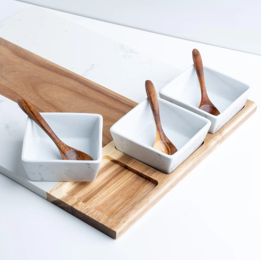 Personalized Wood & Marble Charcuterie Board - 11 Piece Set