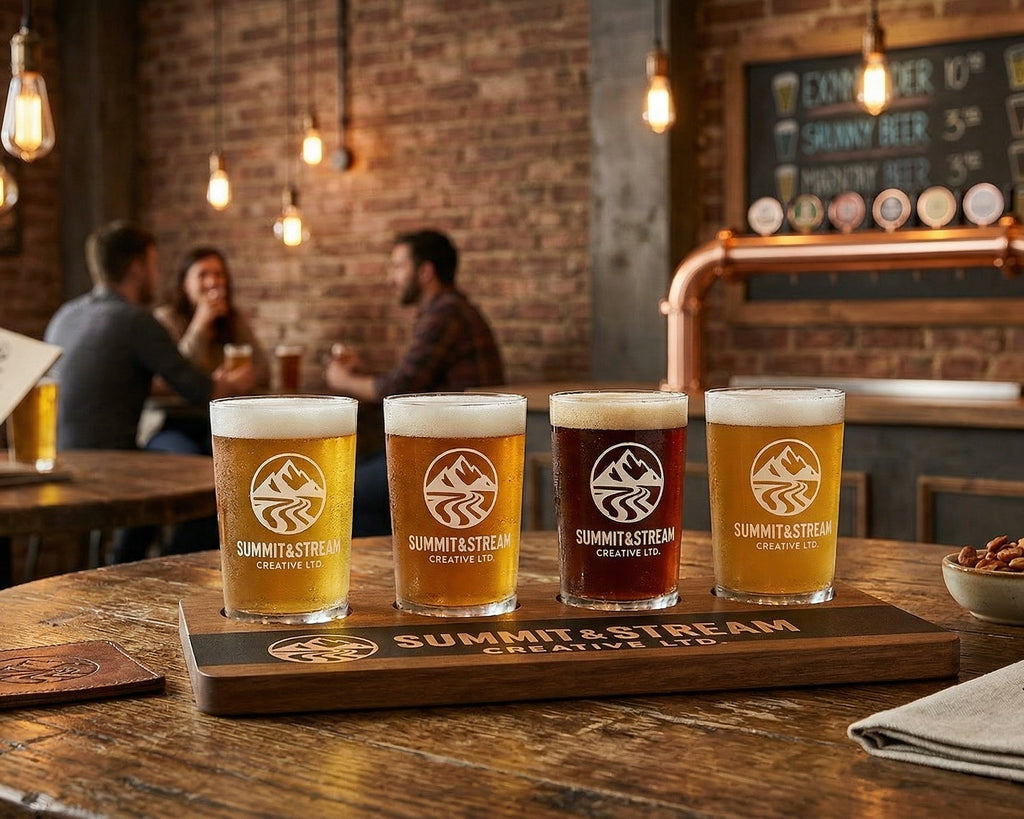 Wood & Slate Beer Flight Board — Custom Laser‑Engraved